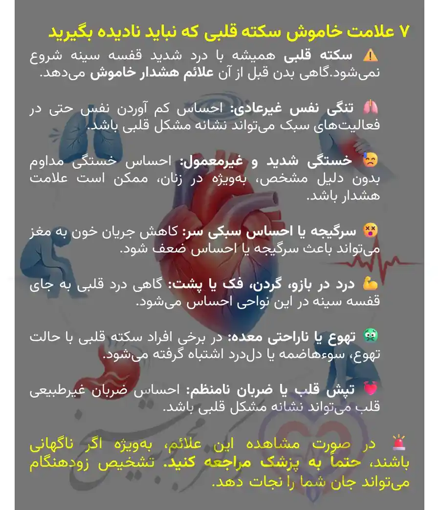 مشاوره پیشگیری بیماری قلبی و عروقی مشاوره پیشگیری قلبی و پایش سلامت قلب | 7 علامت خاموش سکته قلبی