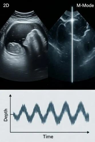مقایسه اکوی دوبعدی (بالا) و اکوی M-Mode (پایین) ، در اکوی M-Mode یک خط با دقت زمانی بسیار بالاتری مورد مطالعه قرار میگیرد. مقایسه اکوی دوبعدی (بالا) و اکوی M-Mode (پایین) ، در اکوی M-Mode یک خط با دقت زمانی بسیار بالاتری مورد مطالعه قرار میگیرد.