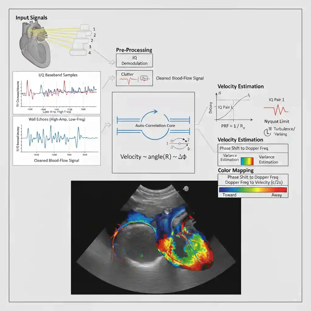 دیاگرام فرایند برآورد سرعت مبتنی بر Autocorrelation در داپلر رنگی را نشان میدهد؛ از پالسهای ورودی و نمونههای I/Q تا پیشپردازش، فیلتر دیواره، هستهٔ Autocorrelation، تبدیل شیفت فاز به سرعت، محدودیتهای نایکوئیست و آلیاسینگ، نگاشت رنگی سرعت و نمایش نهایی جریان روی تصویر B mode