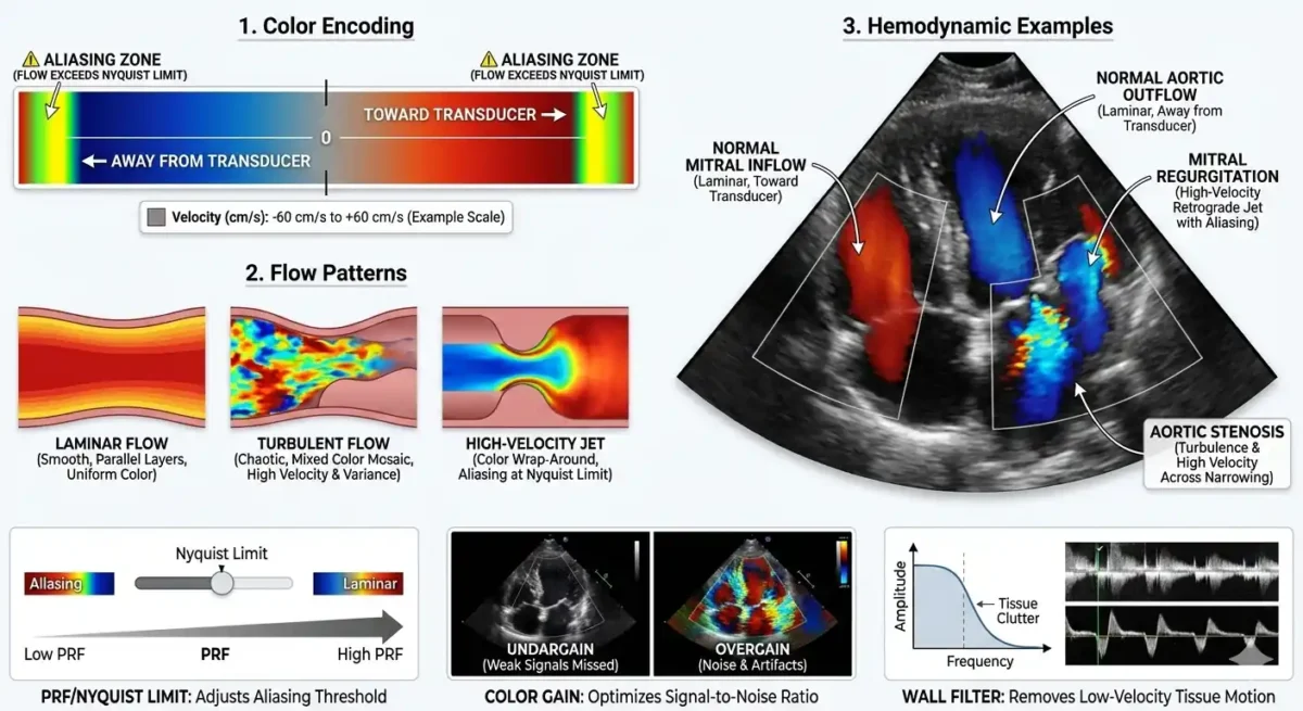 این تصویر فرایند تفسیر رنگها و الگوهای جریان در داپلر رنگی را نشان میدهد. نوار رنگی قرمز–آبی جهت جریان خون را نسبت به پروب مشخص میکند؛ رنگهای قرمز برای جریان بهسمت پروب و آبی برای جریان دورشونده بهکار میروند. نواحی زرد و سبز بیانگر آلیاسینگ و سرعتهای بالایی هستند که از حد نایکوئیست عبور کردهاند. الگوی جریان لامینار با نوارهای یکنواخت و منظم رنگی نمایش داده شده، در حالیکه جریان توربولنت بهصورت ترکیب نامنظم و درهمرنگها دیده میشود. جتهای پرسرعت با تغییر ناگهانی رنگ و پیچش الگو مشخص شدهاند. پسزمینهٔ B mode ساختارهای قلب را نشان میدهد تا محل دقیق جریان قابل تشخیص باشد این تصویر فرایند تفسیر رنگها و الگوهای جریان در داپلر رنگی را نشان میدهد. نوار رنگی قرمز–آبی جهت جریان خون را نسبت به پروب مشخص میکند؛ رنگهای قرمز برای جریان بهسمت پروب و آبی برای جریان دورشونده بهکار میروند. نواحی زرد و سبز بیانگر آلیاسینگ و سرعتهای بالایی هستند که از حد نایکوئیست عبور کردهاند. الگوی جریان لامینار با نوارهای یکنواخت و منظم رنگی نمایش داده شده، در حالیکه جریان توربولنت بهصورت ترکیب نامنظم و درهمرنگها دیده میشود. جتهای پرسرعت با تغییر ناگهانی رنگ و پیچش الگو مشخص شدهاند. پسزمینهٔ B mode ساختارهای قلب را نشان میدهد تا محل دقیق جریان قابل تشخیص باشد