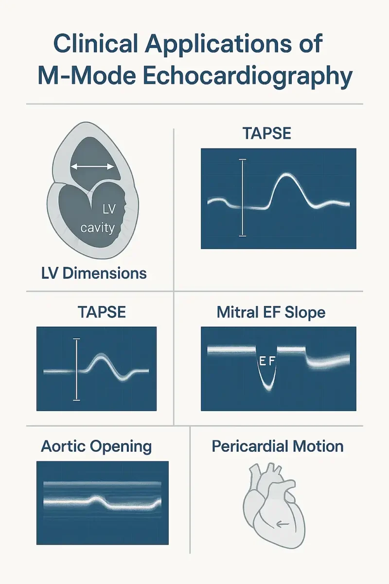 ابعاد بطن چپ (LV Dimensions) — یک نمودار شماتیک که سپتوم بینبطنی، حفره بطن چپ و دیواره خلفی را همراه با پیکانهای اندازهگیری نشان میدهد. TAPSE — نمایی مینیمال از حرکت حلقه تریکوسپید با یک خط جابهجایی عمودی. شیب E‑F دریچه میترال (Mitral EF Slope) — نموداری سادهشده از موج M‑Mode دریچه میترال که شیب E‑F را برجسته میسازد. بازشدن دریچه آئورت (Aortic Opening) — نمودار M‑Mode تمیز و واضح از باز شدن لتهای دریچه آئورت در سیستول. حرکت پریکارد (Pericardial Motion) — نموداری کوچک که حرکت پریکارد یا فرورفتگی دیاستولیک اولیه را نشان میدهد. سبک تصویرسازی مینیمالیستی، علمی و آموزشی است، با استفاده از رنگهای بالینی ملایم (سفید، آبی، خاکستری)، برچسبگذاری واضح و فاصلهگذاری متعادل. هیچ دستگاه اکو یا تصویر انسانی در کار نیست—فقط نمودارهای شماتیک و عناصر اینفوگرافیکی نمایش داده میشوند. ابعاد بطن چپ (LV Dimensions) — یک نمودار شماتیک که سپتوم بینبطنی، حفره بطن چپ و دیواره خلفی را همراه با پیکانهای اندازهگیری نشان میدهد.TAPSE — نمایی مینیمال از حرکت حلقه تریکوسپید با یک خط جابهجایی عمودی. شیب E‑F دریچه میترال (Mitral EF Slope) — نموداری سادهشده از موج M‑Mode دریچه میترال که شیب E‑F را برجسته میسازد. بازشدن دریچه آئورت (Aortic Opening) — نمودار M‑Mode تمیز و واضح از باز شدن لتهای دریچه آئورت در سیستول. حرکت پریکارد (Pericardial Motion) — نموداری کوچک که حرکت پریکارد یا فرورفتگی دیاستولیک اولیه را نشان میدهد. سبک تصویرسازی مینیمالیستی، علمی و آموزشی است، با استفاده از رنگهای بالینی ملایم (سفید، آبی، خاکستری)، برچسبگذاری واضح و فاصلهگذاری متعادل. هیچ دستگاه اکو یا تصویر انسانی در کار نیست—فقط نمودارهای شماتیک و عناصر اینفوگرافیکی نمایش داده میشوند.
