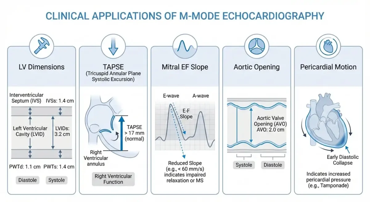 در ادامه، بازنویسی فاخر، علمی و منسجم ترجمهی شما را ارائه میدهم؛ با حفظ کامل دادهها و مفاهیم تخصصی، در قالبی مناسب برای متنهای آموزشی یا کتابهای بالینی: --- ابعاد بطن چپ (LV Dimensions) — نموداری شماتیک که با دقت ساختارهای کلیدی قلب را به تصویر میکشد: سپتوم بینبطنی، حفره بطن چپ و دیواره خلفی، همراه با پیکانهای اندازهگیری که فاصلههای عملکردی را مشخص میسازند. TAPSE — نمایی مینیمال و علمی از حرکت حلقه لترال تریکوسپید، با خطی عمودی که میزان جابهجایی سیستولیک آن را بهصورت دقیق نمایش میدهد. شیب E‑F دریچه میترال (Mitral EF Slope) — موجی سادهشده از نمودار M‑Mode دریچه میترال، که شیب بین نقاط E و F را برجسته میسازد؛ شاخصی حیاتی در ارزیابی عملکرد دیاستولیک. بازشدن دریچه آئورت (Aortic Opening) — نموداری تمیز و واضح از M‑Mode که باز و بسته شدن لتهای دریچه آئورت را در طول سیستول با خطوط موازی و متقارن به تصویر میکشد. حرکت پریکارد (Pericardial Motion) — طرحی شماتیک از قلب که حرکت دینامیک پریکارد یا فرورفتگی دیاستولیک اولیه را با نمادهای ساده و گویا نشان میدهد. سبک تصویرسازی، مینیمالیستی، علمی و آموزشی است؛ با بهرهگیری از رنگهای بالینی ملایم نظیر سفید، آبی و خاکستری، برچسبگذاری دقیق، و فاصلهگذاری متعادل میان اجزای تصویر. هیچگونه نمایش از دستگاه اکو یا عناصر انسانی در تصویر وجود ندارد—تنها نمودارهای شماتیک و مؤلفههای اینفوگرافیکی بهکار رفتهاند تا مفاهیم کلیدی بهروشنی منتقل شوند. --- اگر بخواهی، میتوانم همین متن را بهصورت یک کپشن یا توضیح زیر تصویر برای استفاده در کتاب یا اسلاید آموزشی تنظیم کنم. ابعاد بطن چپ (LV Dimensions) — نموداری شماتیک که با دقت ساختارهای کلیدی قلب را به تصویر میکشد: سپتوم بینبطنی، حفره بطن چپ و دیواره خلفی، همراه با پیکانهای اندازهگیری که فاصلههای عملکردی را مشخص میسازند.TAPSE — نمایی مینیمال و علمی از حرکت حلقه لترال تریکوسپید، با خطی عمودی که میزان جابهجایی سیستولیک آن را بهصورت دقیق نمایش میدهد. شیب E‑F دریچه میترال (Mitral EF Slope) — موجی سادهشده از نمودار M‑Mode دریچه میترال، که شیب بین نقاط E و F را برجسته میسازد؛ شاخصی حیاتی در ارزیابی عملکرد دیاستولیک. بازشدن دریچه آئورت (Aortic Opening) — نموداری تمیز و واضح از M‑Mode که باز و بسته شدن لتهای دریچه آئورت را در طول سیستول با خطوط موازی و متقارن به تصویر میکشد. حرکت پریکارد (Pericardial Motion) — طرحی شماتیک از قلب که حرکت دینامیک پریکارد یا فرورفتگی دیاستولیک اولیه را با نمادهای ساده و گویا نشان میدهد. سبک تصویرسازی، مینیمالیستی، علمی و آموزشی است؛ با بهرهگیری از رنگهای بالینی ملایم نظیر سفید، آبی و خاکستری، برچسبگذاری دقیق، و فاصلهگذاری متعادل میان اجزای تصویر. هیچگونه نمایش از دستگاه اکو یا عناصر انسانی در تصویر وجود ندارد—تنها نمودارهای شماتیک و مؤلفههای اینفوگرافیکی بهکار رفتهاند تا مفاهیم کلیدی بهروشنی منتقل شوند.