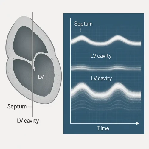 این تصویر شامل یک نمودار M Mode بهصورت خاکستری است که محور افقی آن زمان و محور عمودی آن عمق را نشان میدهد. خطوط حرکتی موازی، واضح و دقیق، نمایانگر سپتوم بینبطنی، حفره بطن چپ و دیواره خلفی هستند. سپتوم و دیواره خلفی در سیستول بهصورت متقارن به سمت داخل حرکت میکنند و در دیاستول به سمت خارج بازمیگردند. عرض حفره بطن در سیستول بهطور یکنواخت کاهش مییابد و در دیاستول افزایش مییابد. این تصویر شامل یک نمودار M Mode بهصورت خاکستری است که محور افقی آن زمان و محور عمودی آن عمق را نشان میدهد. خطوط حرکتی موازی، واضح و دقیق، نمایانگر سپتوم بینبطنی، حفره بطن چپ و دیواره خلفی هستند. سپتوم و دیواره خلفی در سیستول بهصورت متقارن به سمت داخل حرکت میکنند و در دیاستول به سمت خارج بازمیگردند. عرض حفره بطن در سیستول بهطور یکنواخت کاهش مییابد و در دیاستول افزایش مییابد.
