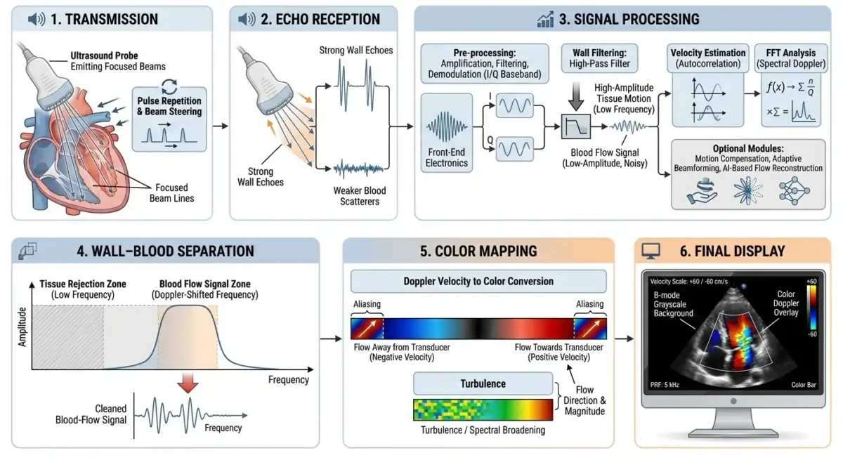 فرآیند ارسال امواج، دریافت امواج، تحلیل طیفی، جداسازی دیواره ها از خون و نمایش نتایج به پزشک در اکو داپلر رنگی