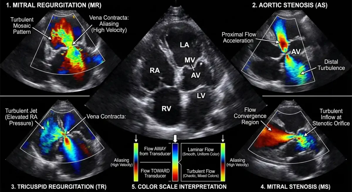 تصویر نحوهٔ ارزیابی بیماریهای دریچهای با داپلر رنگی را نشان میدهد. جت نارسایی میترال بهصورت جریان رنگی برگشتی در دهلیز چپ دیده میشود. جت تنگی آئورت بهصورت جریان پرسرعت و متلاطم از دریچهٔ باریکشده عبور میکند. نارسایی تریکوسپید با جریان برگشتی به دهلیز راست مشخص شده است. در تنگی میترال، جریان ورودی تند و متمرکز در زمان دیاستول دیده میشود. نوار رنگی قرمز–آبی جهت جریان را نسبت به پروب نشان میدهد و نواحی زرد و سبز بیانگر آلیاسینگ و سرعتهای بالا هستند. پسزمینهٔ B mode ساختارهای قلب و محل دریچهها را مشخص میکند تصویر نحوهٔ ارزیابی بیماریهای دریچهای با داپلر رنگی را نشان میدهد. جت نارسایی میترال بهصورت جریان رنگی برگشتی در دهلیز چپ دیده میشود. جت تنگی آئورت بهصورت جریان پرسرعت و متلاطم از دریچهٔ باریکشده عبور میکند. نارسایی تریکوسپید با جریان برگشتی به دهلیز راست مشخص شده است. در تنگی میترال، جریان ورودی تند و متمرکز در زمان دیاستول دیده میشود. نوار رنگی قرمز–آبی جهت جریان را نسبت به پروب نشان میدهد و نواحی زرد و سبز بیانگر آلیاسینگ و سرعتهای بالا هستند. پسزمینهٔ B mode ساختارهای قلب و محل دریچهها را مشخص میکند