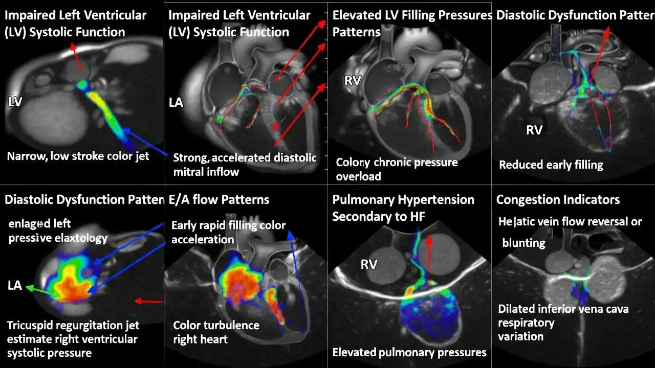 این تصویر نشان میدهد که چگونه داپلر رنگی برای ارزیابی نارسایی قلبی بهکار میرود. در بخش عملکرد سیستولیک مختلِ بطن چپ، جریان رو به جلو از دریچه آئورت ضعیف و باریک دیده میشود و بطن چپ بهصورت گشادشده در پسزمینه مشخص است. در بخش فشارهای پرشدگی بالا، جریان ورودی دیاستولی از دریچه میترال با سرعت زیاد و ناحیهٔ همگرایی رنگی نشان داده شده که بیانگر افزایش گرادیان دهلیز چپ–بطن چپ است؛ دهلیز چپ نیز بزرگتر از حد طبیعی نمایش داده شده است. الگوهای اختلال دیاستول شامل نسبت E/A، پرشدگی سریع اولیه در فیزیولوژی محدودکننده و کاهش پرشدگی اولیه در اختلال شلشدن دیده میشود. در بخش فشار خون ریوی ثانویه به نارسایی قلبی، جت نارسایی تریکوسپید و نواحی توربولانس رنگی در قلب راست نشاندهندهٔ فشارهای بالای ریوی هستند. شاخصهای احتقان شامل برگشت یا کاهش جریان ورید کبدی و اتساع IVC با کاهش تغییرات تنفسی نمایش داده شدهاند. پسزمینهٔ B‑mode حفرات گشادشدهٔ قلب را نشان میدهد و برچسبگذاری واضح برای بطن چپ، دهلیز چپ، بطن راست و دهلیز راست و جهت جریانها وجود دارد. نوار رنگی قرمز–آبی جهت جریان را نسبت به پروب مشخص میکند و رنگهای زرد و سبز نواحی آلیاسینگ و سرعتهای غیرطبیعی را نشان میدهند. همچنین تفاوت بین جریان لامینار و جریان متلاطم ناشی از فشارهای بالا قابل مشاهده است این تصویر نشان میدهد که چگونه داپلر رنگی برای ارزیابی نارسایی قلبی بهکار میرود. در بخش عملکرد سیستولیک مختلِ بطن چپ، جریان رو به جلو از دریچه آئورت ضعیف و باریک دیده میشود و بطن چپ بهصورت گشادشده در پسزمینه مشخص است. در بخش فشارهای پرشدگی بالا، جریان ورودی دیاستولی از دریچه میترال با سرعت زیاد و ناحیهٔ همگرایی رنگی نشان داده شده که بیانگر افزایش گرادیان دهلیز چپ–بطن چپ است؛ دهلیز چپ نیز بزرگتر از حد طبیعی نمایش داده شده است. الگوهای اختلال دیاستول شامل نسبت E/A، پرشدگی سریع اولیه در فیزیولوژی محدودکننده و کاهش پرشدگی اولیه در اختلال شلشدن دیده میشود. در بخش فشار خون ریوی ثانویه به نارسایی قلبی، جت نارسایی تریکوسپید و نواحی توربولانس رنگی در قلب راست نشاندهندهٔ فشارهای بالای ریوی هستند. شاخصهای احتقان شامل برگشت یا کاهش جریان ورید کبدی و اتساع IVC با کاهش تغییرات تنفسی نمایش داده شدهاند. پسزمینهٔ B‑mode حفرات گشادشدهٔ قلب را نشان میدهد و برچسبگذاری واضح برای بطن چپ، دهلیز چپ، بطن راست و دهلیز راست و جهت جریانها وجود دارد. نوار رنگی قرمز–آبی جهت جریان را نسبت به پروب مشخص میکند و رنگهای زرد و سبز نواحی آلیاسینگ و سرعتهای غیرطبیعی را نشان میدهند. همچنین تفاوت بین جریان لامینار و جریان متلاطم ناشی از فشارهای بالا قابل مشاهده است