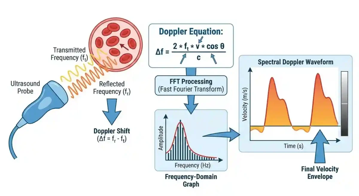 امواج فراصوت تابیده میشود، بسته به دورشدن، نزدیک شدن یا ثابت ماندن مانع، امواج بازگشتی از مانع فرکانسشان تغییر میکند، با آنالیز فوریه امواج بازگشتی تفکیک میشوند و با مقایسه فرکانس رفت و فرکانس برگشت، دورشدن، نزدیک شدن یا ثابت ماندن به شکل کمی (سرعت دور شدن یا نزدیک شدن) محاسبه و به پزشک نمایش داده میشود، در معادله داپلر متغیرها به قرار زیر هستند : v ، سرعت جریان خون که سرعت واقعی حرکت گلبولهای خون در راستای پرتو اولتراسوند. c ، سرعت صوت در بافت بدن که بهطور معمول حدود ۱۵۴۰ متر بر ثانیه در بافت نرم در نظر گرفته میشود. Δf ، اختلاف فرکانس (Doppler Shift) ، تفاوت بین فرکانس ارسالشده و فرکانس بازتابشده از گلبولهای خون. این مقدار مستقیماً با سرعت خون مرتبط است. ft فرکانس ارسالشده توسط پروب که همان فرکانس موج اولتراسوندی که دستگاه به بدن میفرستد و فرکانس موج بازگشتی با fr نمایش داده شده است. θ، زاویهٔ داپلر (Doppler Angle) زاویه بین جهت حرکت خون و پرتوی اولتراسوند. هرچه این زاویه به صفر نزدیکتر باشد، اندازهگیری دقیقتر است. امواج فراصوت تابیده میشود، بسته به دورشدن، نزدیک شدن یا ثابت ماندن مانع، امواج بازگشتی از مانع فرکانسشان تغییر میکند، با آنالیز فوریه امواج بازگشتی تفکیک میشوند و با مقایسه فرکانس رفت و فرکانس برگشت، دورشدن، نزدیک شدن یا ثابت ماندن به شکل کمی (سرعت دور شدن یا نزدیک شدن) محاسبه و به پزشک نمایش داده میشود، در معادله داپلر متغیرها به قرار زیر هستند : v ، سرعت جریان خون که سرعت واقعی حرکت گلبولهای خون در راستای پرتو اولتراسوند. c ، سرعت صوت در بافت بدن که بهطور معمول حدود ۱۵۴۰ متر بر ثانیه در بافت نرم در نظر گرفته میشود. Δf ، اختلاف فرکانس (Doppler Shift) ، تفاوت بین فرکانس ارسالشده و فرکانس بازتابشده از گلبولهای خون. این مقدار مستقیماً با سرعت خون مرتبط است. ft فرکانس ارسالشده توسط پروب که همان فرکانس موج اولتراسوندی که دستگاه به بدن میفرستد و فرکانس موج بازگشتی با fr نمایش داده شده است. θ، زاویهٔ داپلر (Doppler Angle) زاویه بین جهت حرکت خون و پرتوی اولتراسوند. هرچه این زاویه به صفر نزدیکتر باشد، اندازهگیری دقیقتر است.