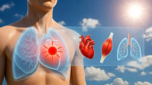 اینفوگرافیک درد قفسه سینه در گرما، شامل علل قلبی، تنفسی، کمآبی و نشانههای هشدار