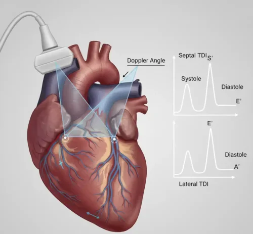 تمایی شماتیک از نحوه استفاده از اثر داپلر بر اندازه گیری حرکت عضله.