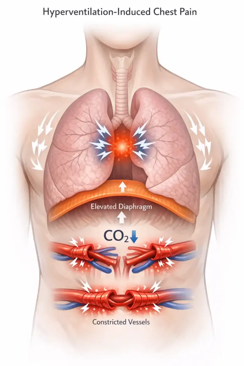 علل احساس تیرکشیدن قلب یا قفسه سینه چیست؟ مروری بر آمار بالینی و علائم دیگر درد ناشی از hyperventilation که معمولاً از نفس نفس زدن ناشی از مکانیسم های عصبی-هورمونی ناشی میشود و ممکن است به درد قفسه سینه و احساس تیرکشیدن قلب بیانجامد.
