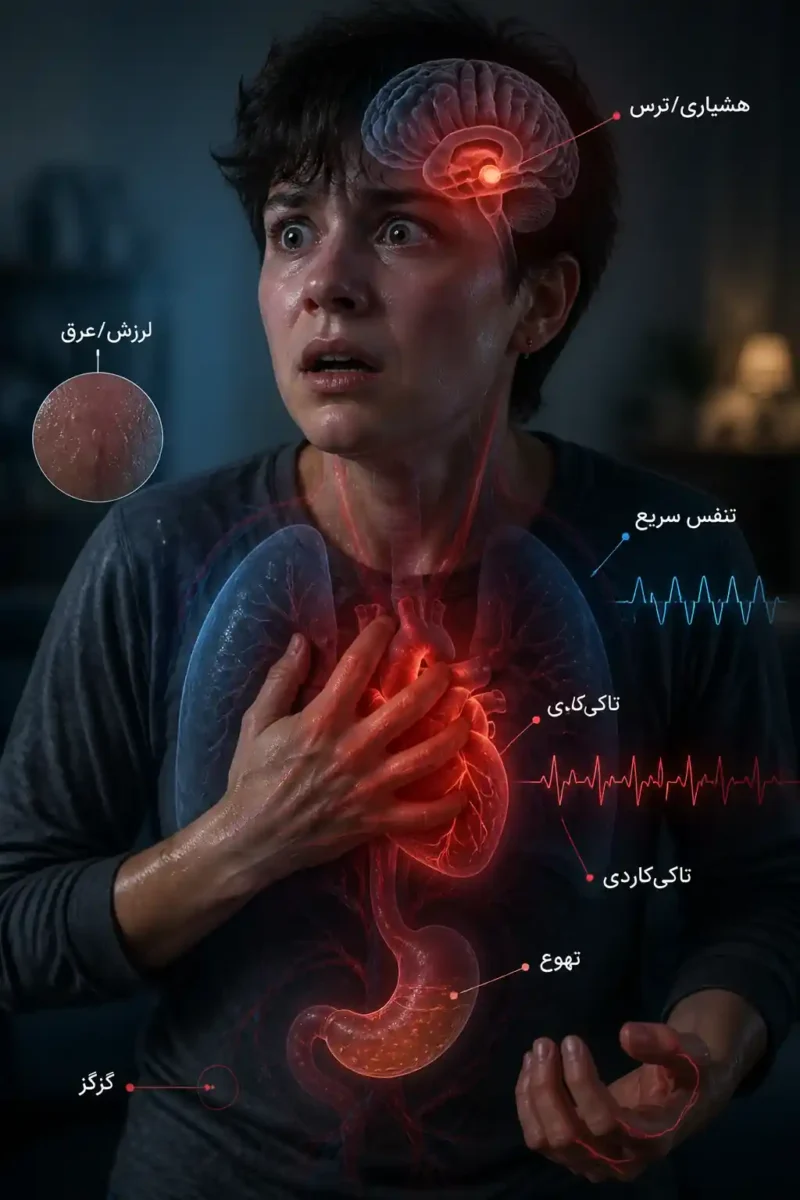 خلاصه مکانیسم های فعال در حمله پانیک که بر قلب، مغیر و سیستم درک درد تاثیر می‌گذارند