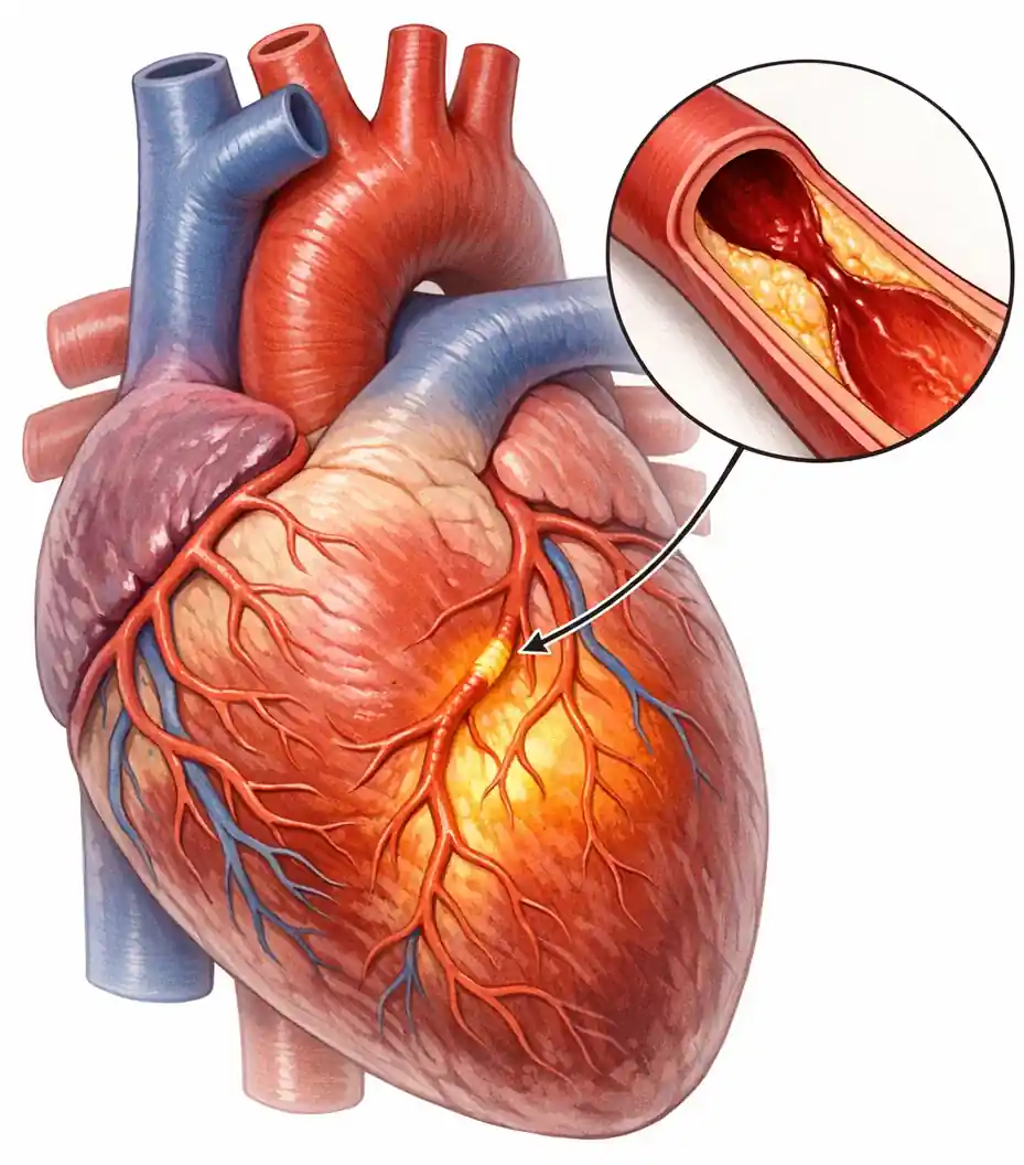 علل احساس تیرکشیدن قلب یا قفسه سینه چیست؟ مروری بر آمار بالینی و علائم دیگر نمای شماتیک از بسته شدن عروق خونرسان قلب (کرونری) و آستانه آسیب جدی یا مرگ بخشی از عضله قلب که با درد قفسه سینه و تیرکشیدن ممکن است همراه باشد.