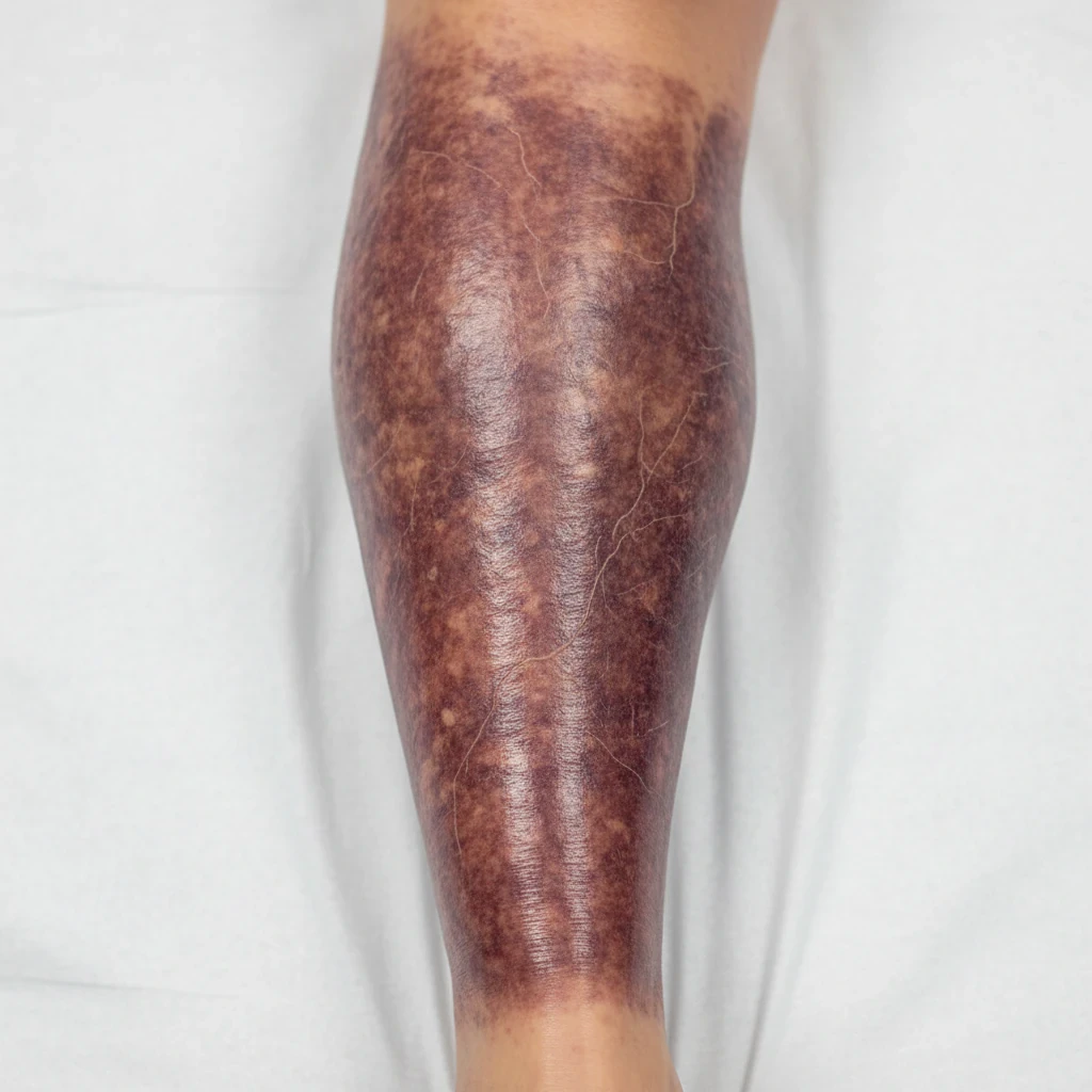 علت ورم پاها چیست؟ نشانه چیست؟ کی نشانه خطر است؟ تیره شدن و سفتی پوست اطراف مچ (Lipodermatosclerosis) در مراحل پیشرفته نارسایی وریدی؛ نشانهای از التهاب مزمن و فشار بالای وریدی.