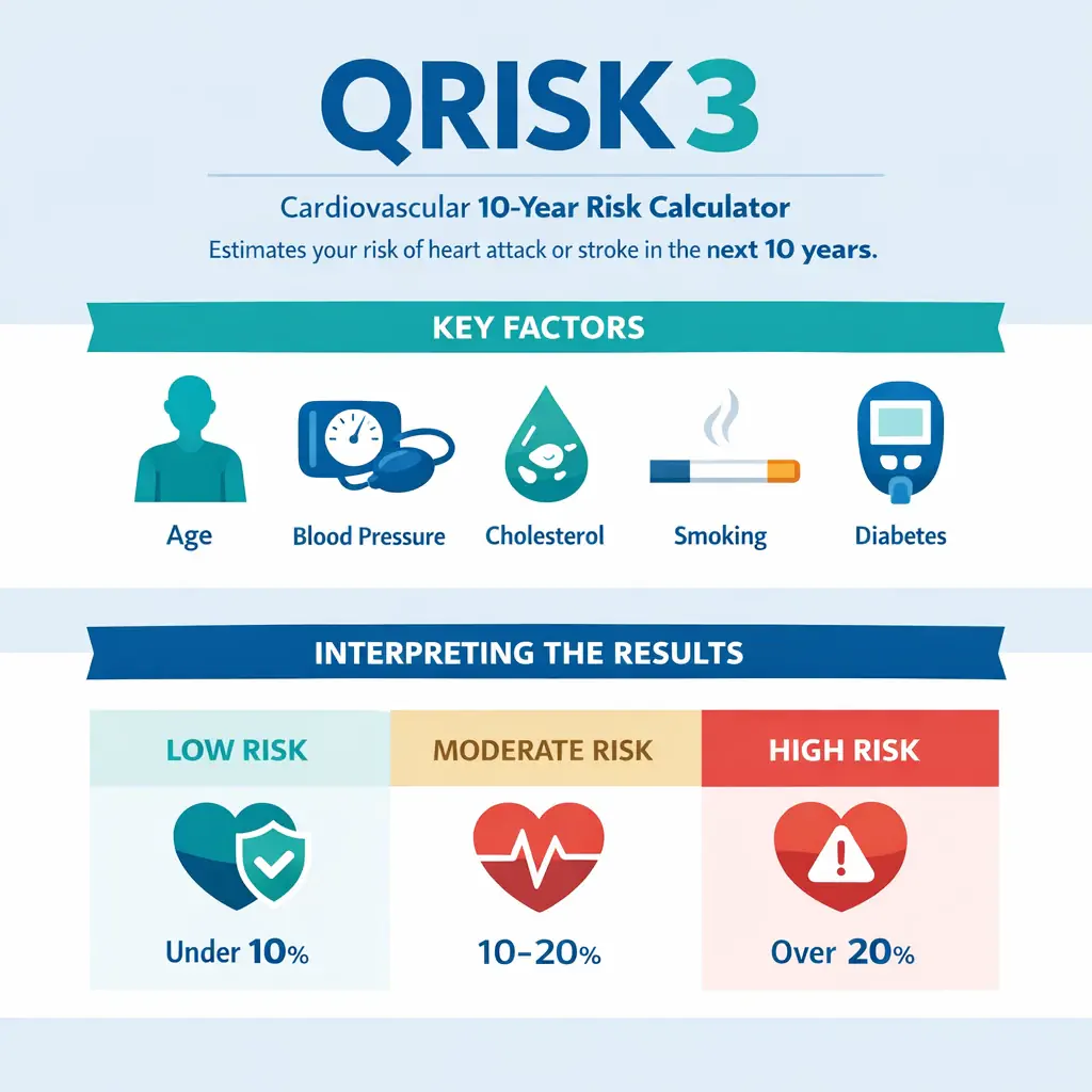 محاسبه آنلاین ریسک بیماری قلبی با QRISK3 | تخمین خطر سکته قلبی و مغزی در ۱۰ سال آینده QRISK3 | ورودی های مدل آماری محاسبه خطر و خروجی آن و اقدامات لازم